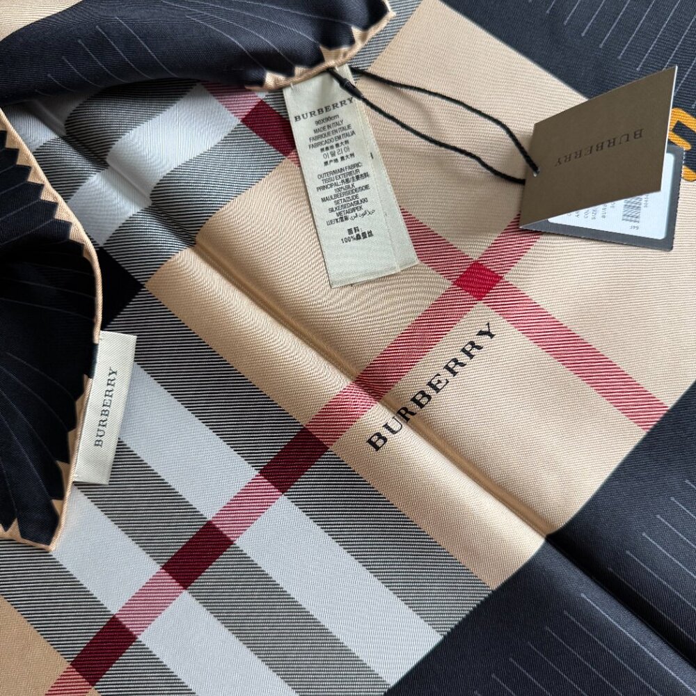 NWT Burberry Scarf House Check Beige Black Border Silk Scarf Wrap - Picture 9 of 16